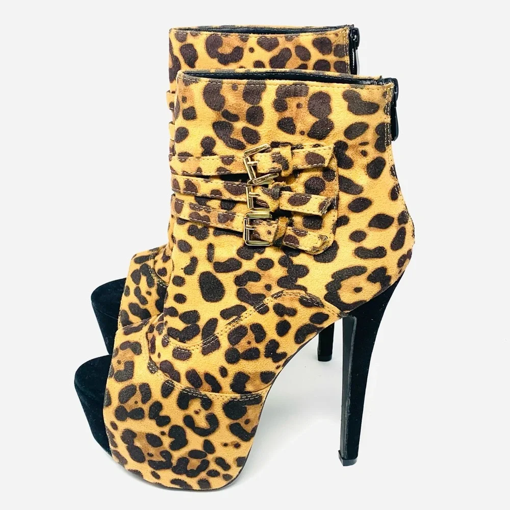 Generation Y Leopard Print Platform Heels Ankle Booties Stiletto Buckle Statemen